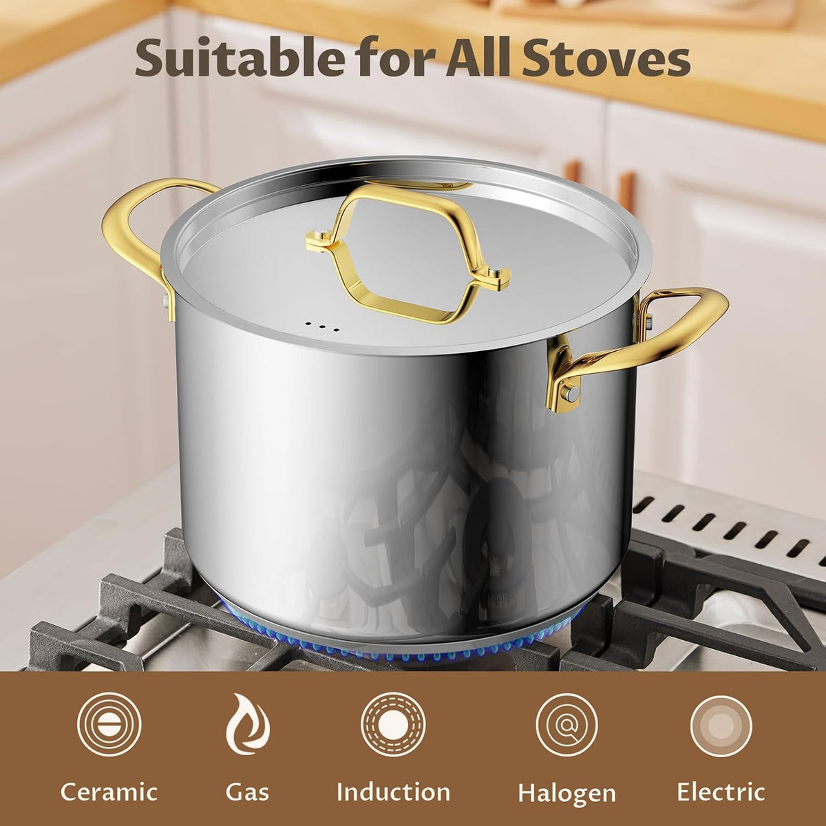 BEZIA 12 Quart Stainless Steel Stockpot with Lid, Induction Compatible Large Cooking Pots, Triple-Layer Bottom for Even Heat, Pasta & Soup Pot for Canning, Stews, and Bulk Cooking, Dishwasher Safe