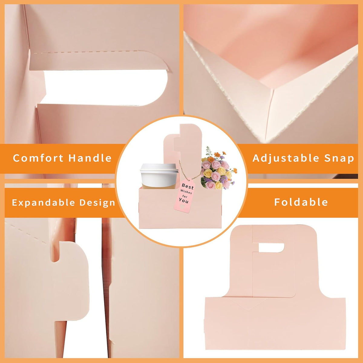 2 Cup Drink Carrier,8 Pack Coffee Cup Holders with Handle,Cardboard Cup Holders for Hot or Cold Drinks,Coffee Carrier with Ribbon and Card,Food Delivery Services and Bouquet(Pink)