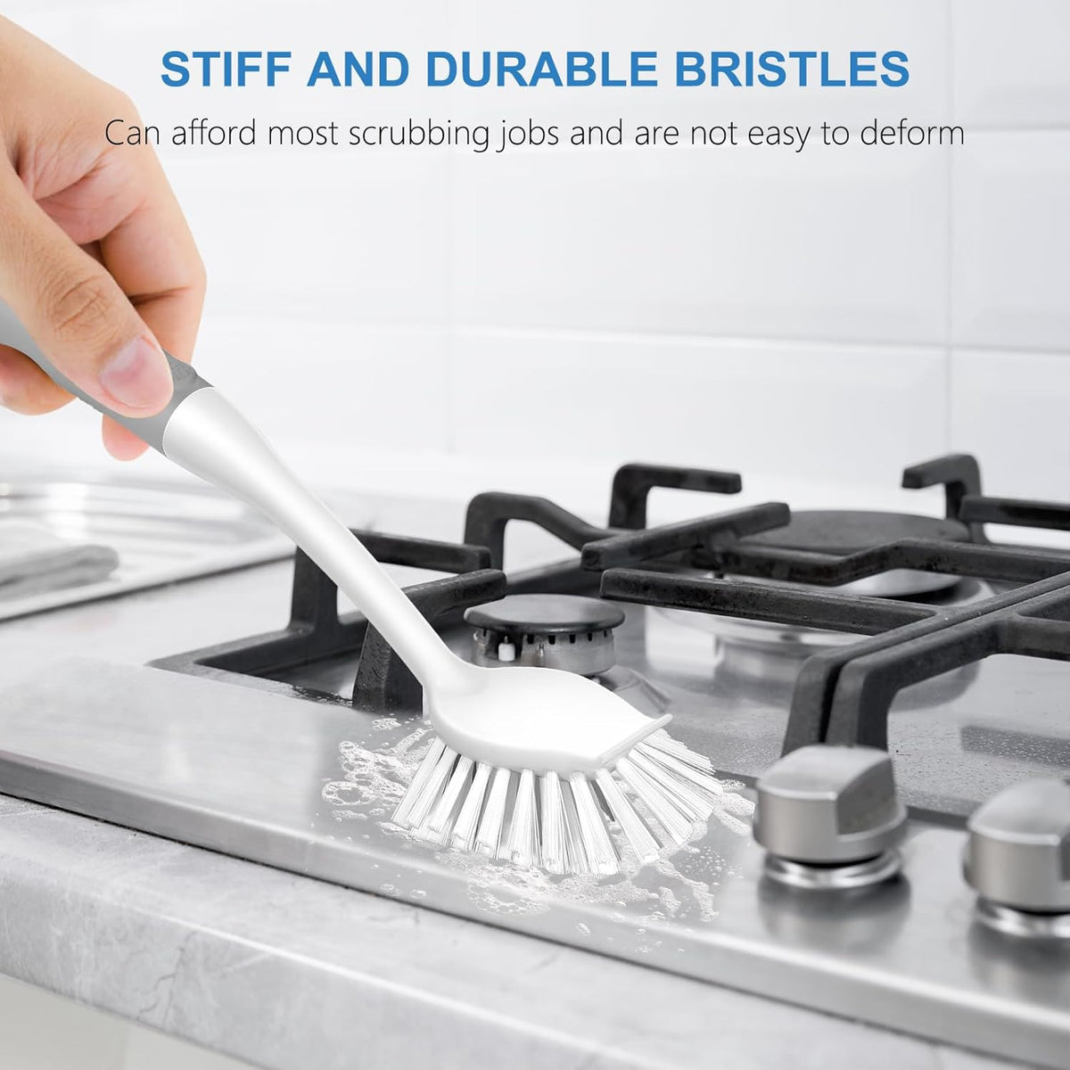 SetSail Dish Brush with Handle, 2 Pack Stiff Bristles Dish Scrubber with Built-in Scraper Dish Scrub Brushes for Cleaning Dishes, Pots and Pans, Kitchen Sink, 3 Pack, Grey White