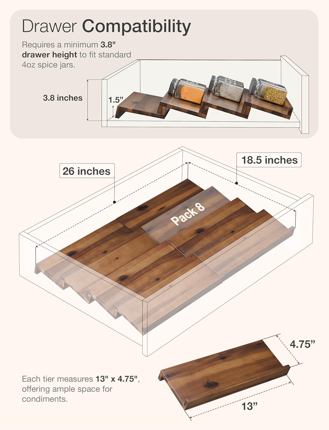 Tinamo 8-Pack Acacia Wooden Spice Drawer Organizer - Spice Organization for Cabinet, Seasoning Organizer for Cabinet - Organizador De Especias De Cocina - 64 Standard Jars, Multi-Tier (Walnut color)