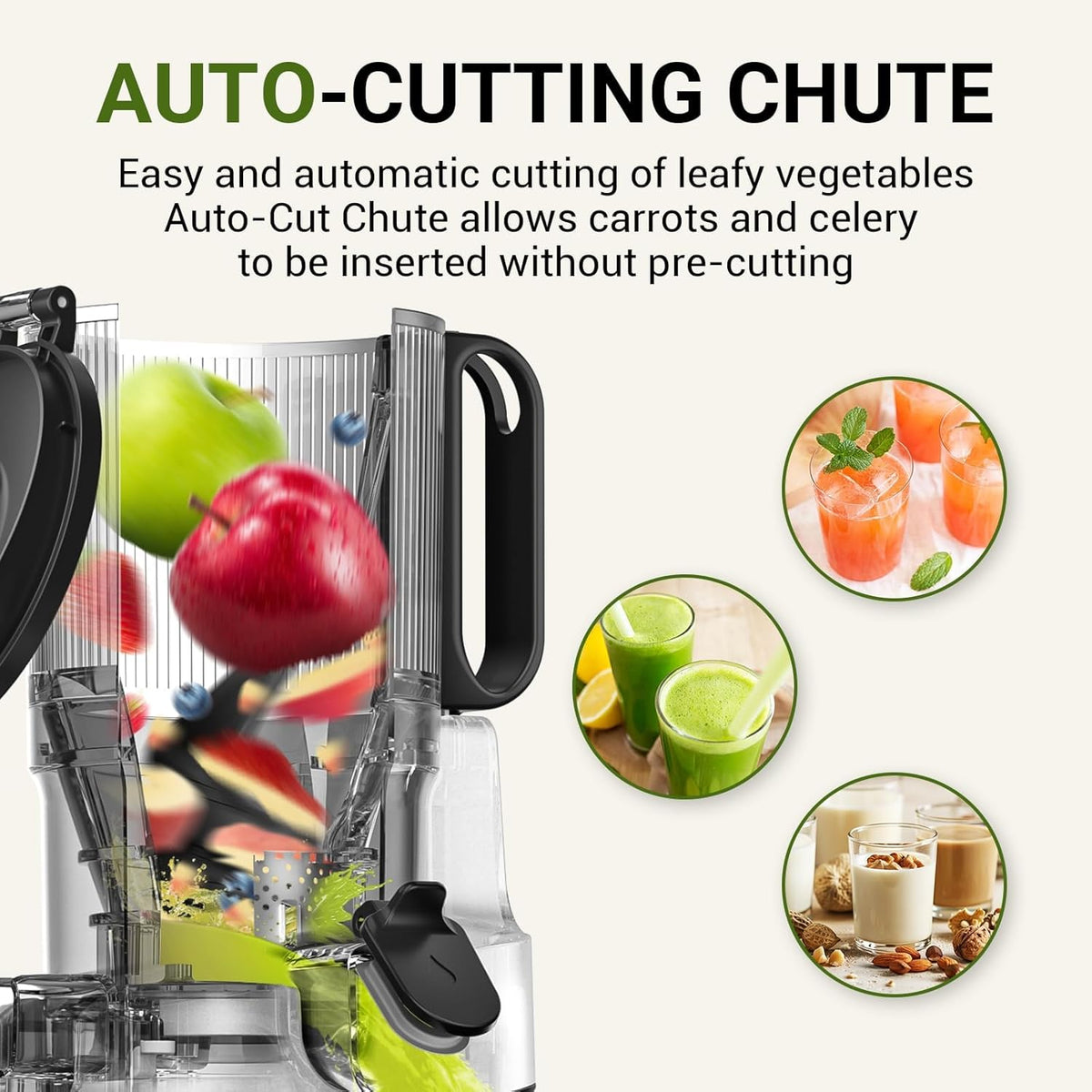 AMZCHEF Juicer Machines, 5.3" Extra Self-Feeding Cold Press Juicer for Whole Vegetable & Fruit, Juice Extractor Machine with Large Auger & Triple Strainers, Easy to Clean, High Juice Yield, Grey