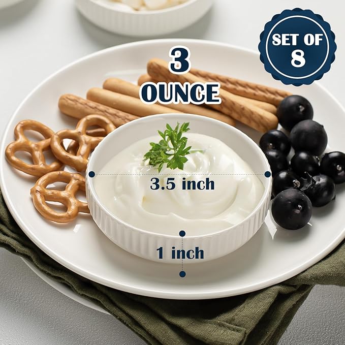3 Oz 8 Pack Dipping Bowls Set - Ceramic Dipping Sauce, Soy Sauce Dish, Side Dish, Small Serving Bowls for Kitchen, BBQ, Condiments, Appetizer, Dessert, Sushi, Party - White Japanese design
