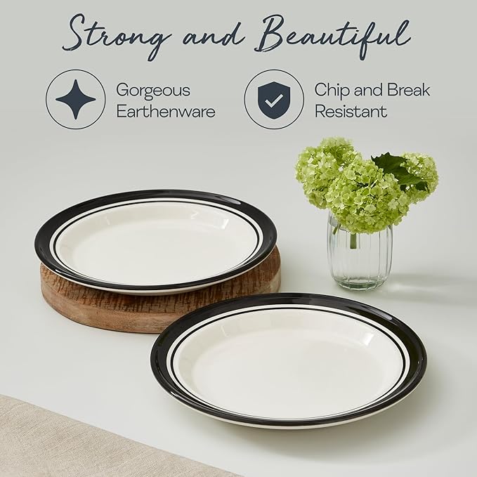 Portmeirion Potter's Stripe 10.5" Dinner Plate (Set of 4) - Handcrafted Earthenware Plates with Accent Rim, Microwave & Dishwasher Safe - Ideal Tableware for Modern & Traditional Dining (Black Stripe)