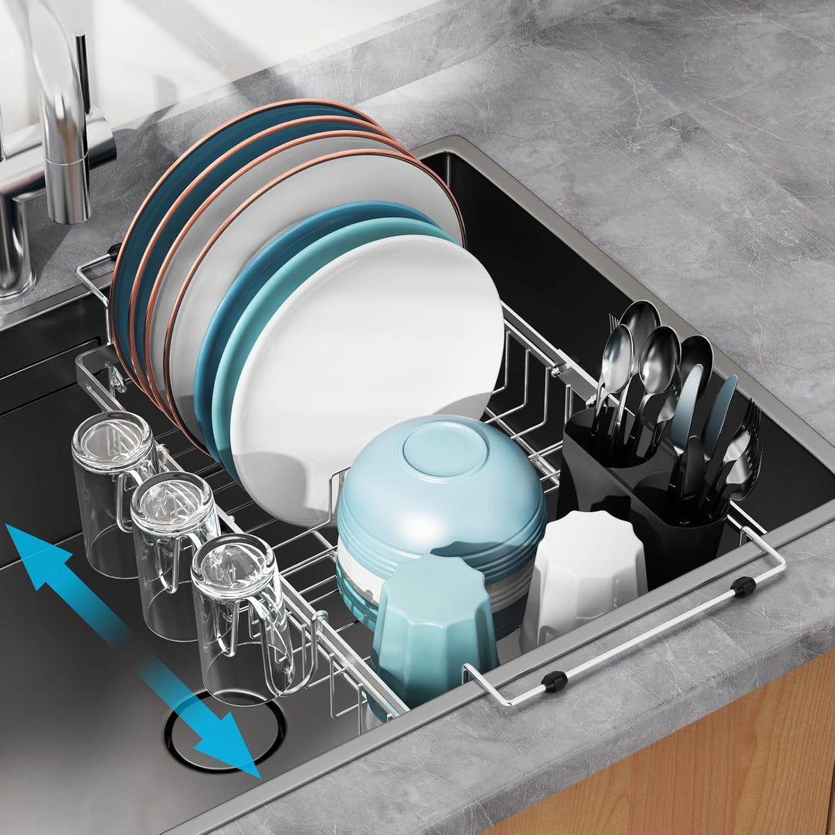 GSlife Expandable in Sink Dish Drying Rack - Capacity Adjustable Stainless Steel Over The Sink Dish Drainer with 2 Cup Holder and Utensil Holder for Kitchen Sink, 10.8"~17.9" L x 14.2" W, Silver