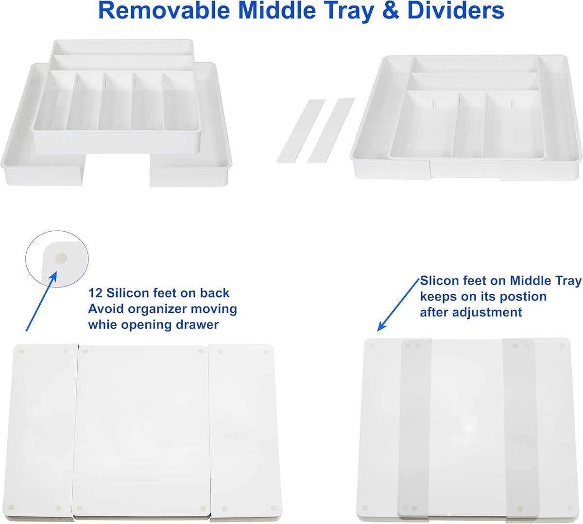 Simple Houseware Expandable & Adjustable Cutlery Drawer Organizer - Large Utensil and Flatware Tray for Kitchen Drawers, White