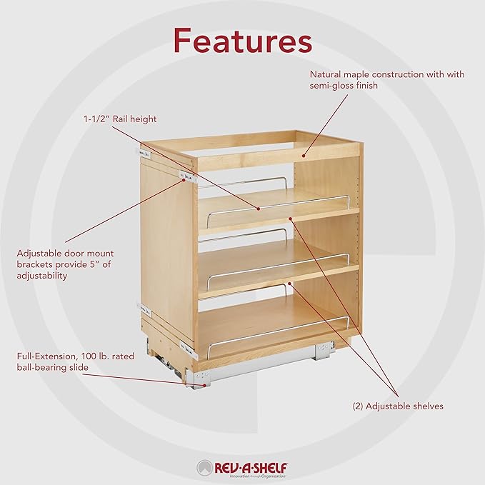 Rev-A-Shelf 14" Pullout Kitchen Cabinet Storage Organizer Slide Out Pantry Spice Rack with Adjustable Shelves for 14.5" W Cabinet Opening, 448-BC-14C