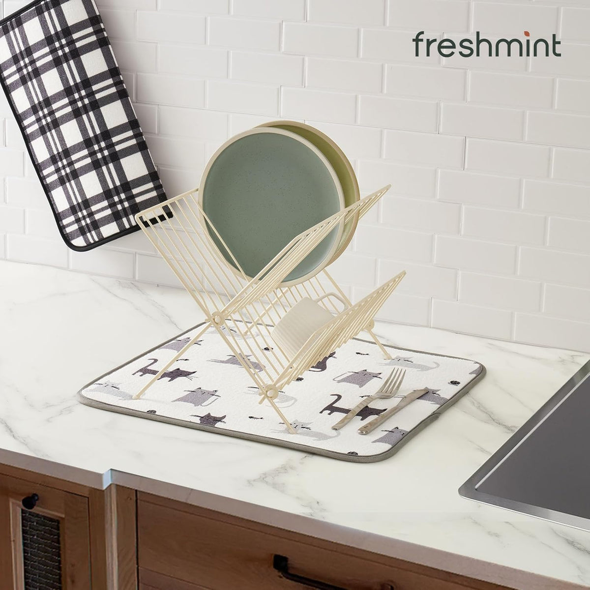 FRESHMINT Printed Dish Drying Mat Set for Kitchen Counter Absorbent Reversible Drying Mats Microfiber Kitchen Countertop Protector Dishes Pad 2 Pack Large Dish Drainer Rack Mat, 18" x 16"