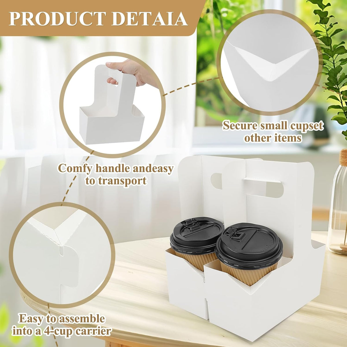 HFH Disposable 2-Cup Drink Carrier with Handle, Cardboard Cup Holder for Takeout, White (30P)