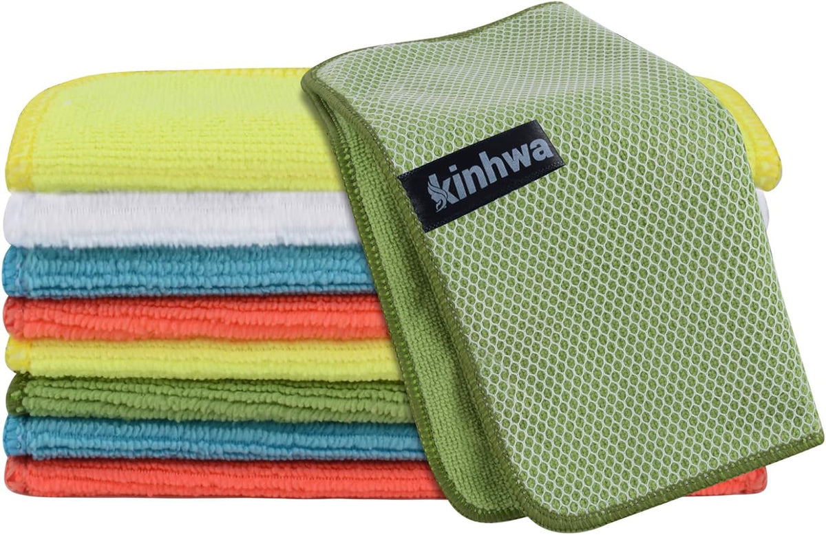 KinHwa Kitchen Washcloths for Dishes Absorbent Microfiber Dish Cloths Quick Dry Dish Rags with Poly Scour Scrub Side Ideal for Kitchen Cleaning (Mixing Colors #3, 7inchx7inch 9 Pack)