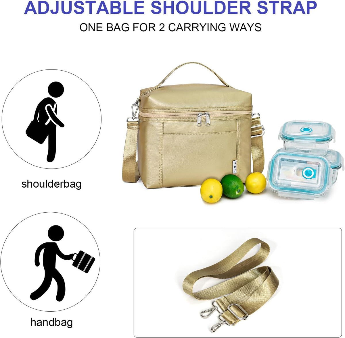 NOL Natural Organic Lifestyle Insulated Lunch Bags for Women Cooler Bag Lightweight Nylon Waterproof Lunch Box For Work (Gold, Medium(normal))