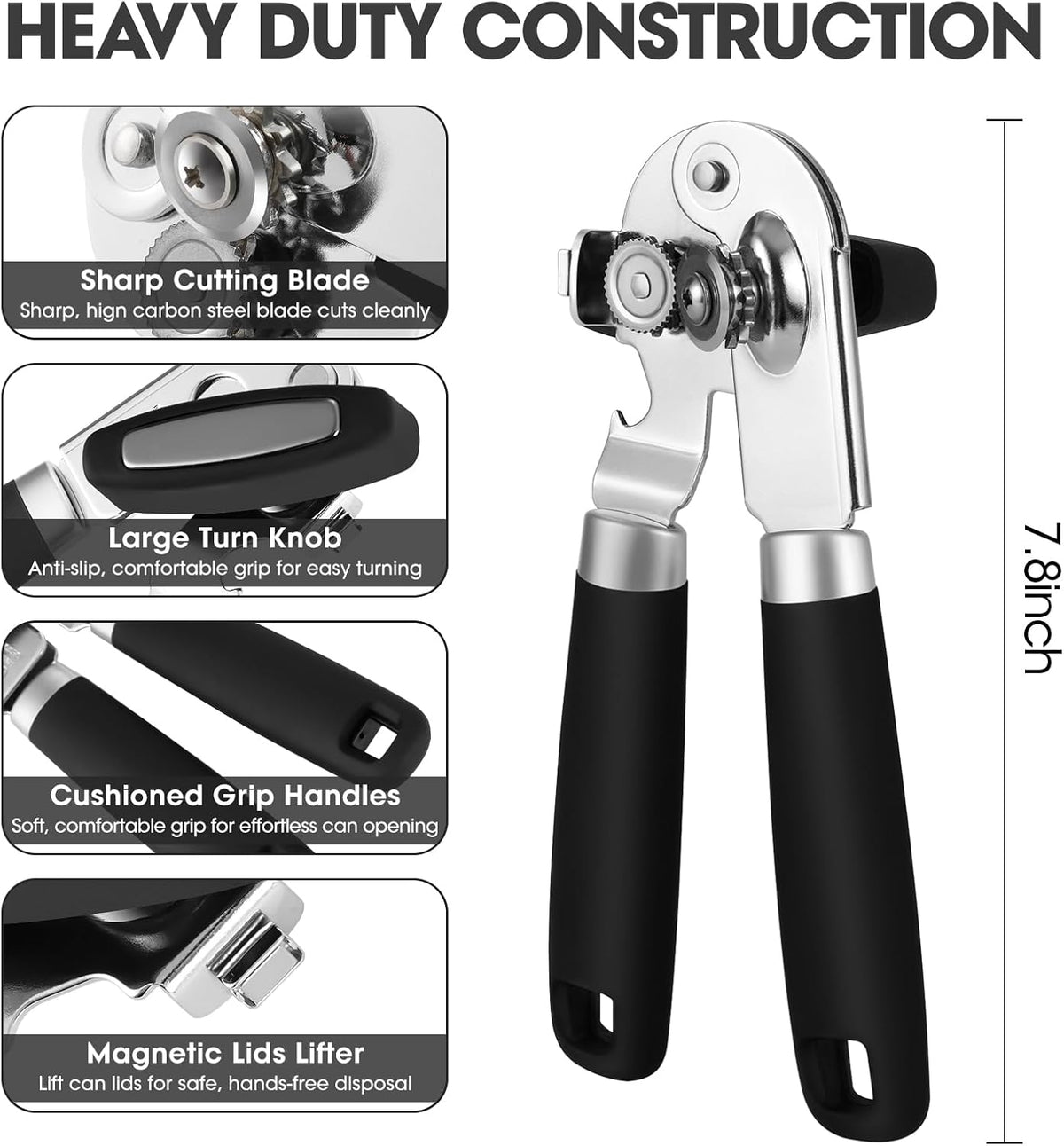 Manual Can Opener, UHIYEE Handheld Can Opener Heavy Duty with High Carbon Sharp Blade, Ease Can Open for Seniors with Comfort Grip Handles, Oversized Turn Knob, Black