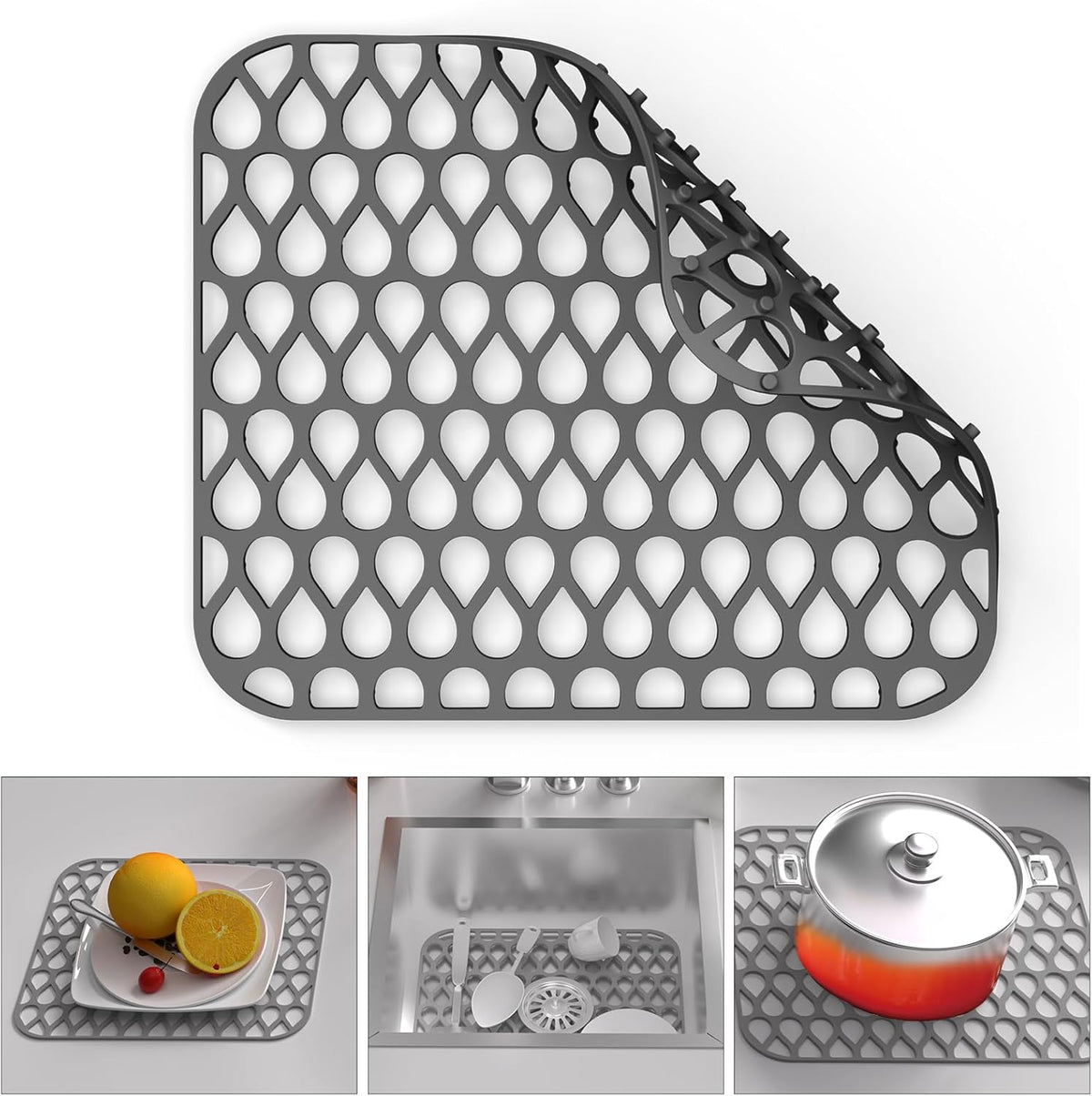 Sink Protectors for Kitchen, 1PCS TOOVEM 13.6"x11.6" Kitchen Sink Mats Large Grid for Bottom of Farmhouse Heat Resistant Silicone Grey