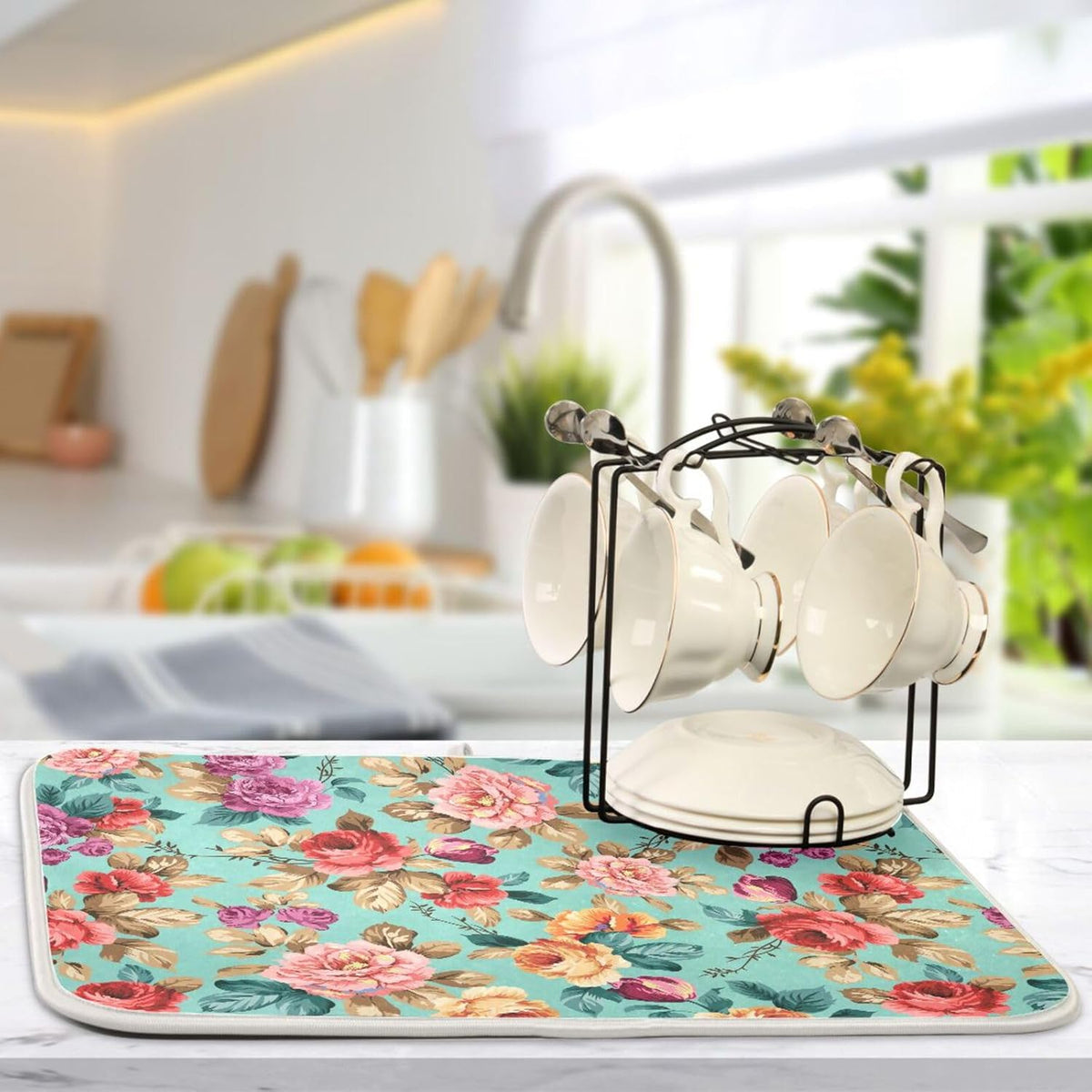 Colorful Flower Leaves Dish Drying Mat for Kitchen Counter Absorbent Microfiber Drying Pad, Medium 16x18 in, Reversible Drainer Mats
