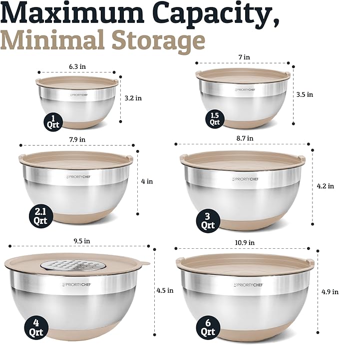 Priority Chef 6Pc Large Mixing Bowls With Lids Set with Non-Slip Bases, Stainless Steel Mixing Bowl Set, 6 Airtight Lids and 3 Graters, Khaki