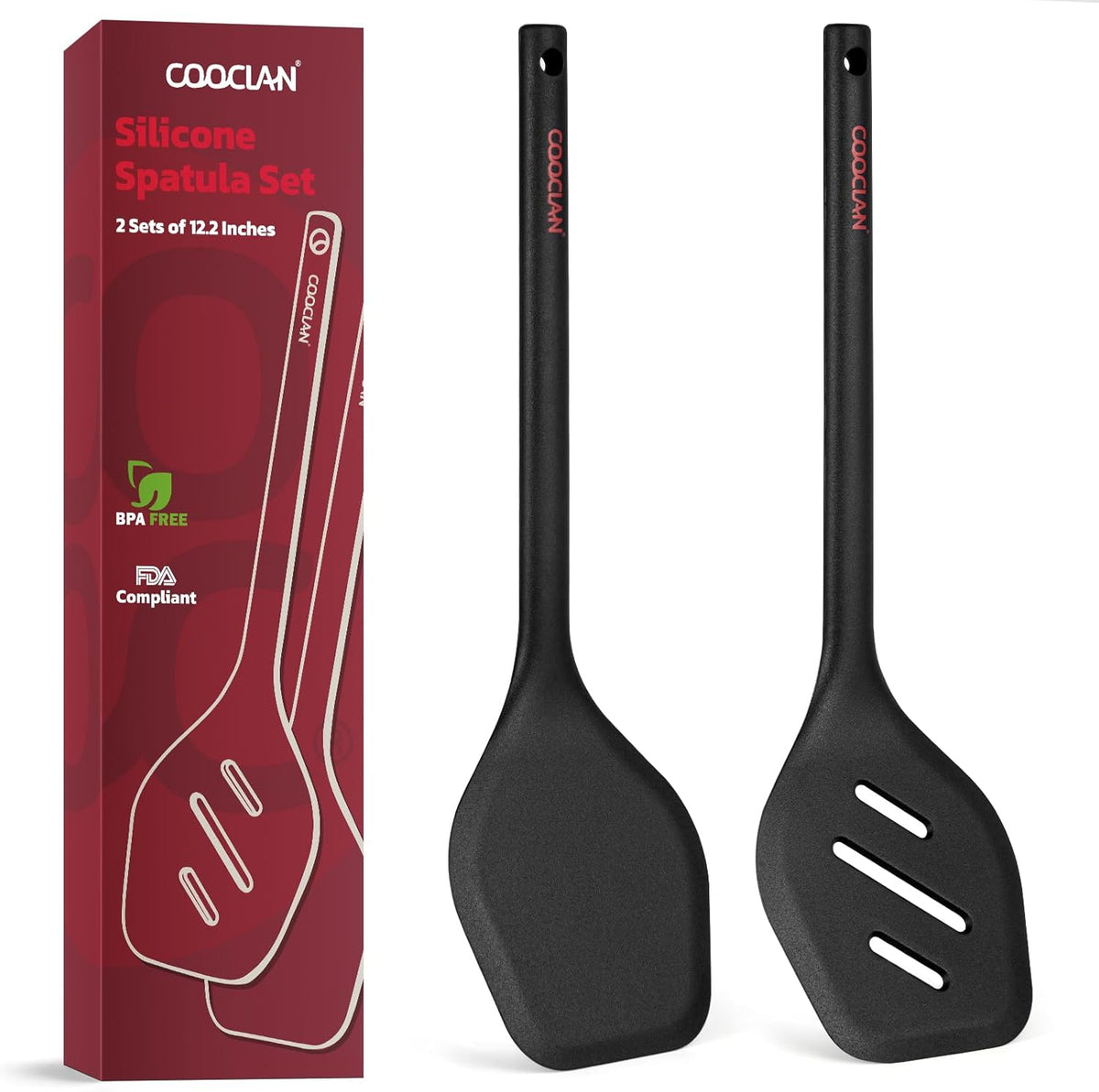 Silicone Spatula Set (BPA-Free), Ultra Heat Resistant Spatulas for Non-Stick Pans, 2 Pack Solid & Slotted Silicone Turner, One-Piece Cooking Spatula Turners for Kitchen Use, Black