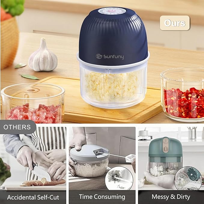 Mini Food Processor Cordless, 250ml Small Garlic Chopper 1 Cup, Battery USB Rechargeable Electric Food Chopper Wireless, Portable Vegetable Meat Blender Kitchen Mixer for Onion, Salad, Baby Food(Blue)