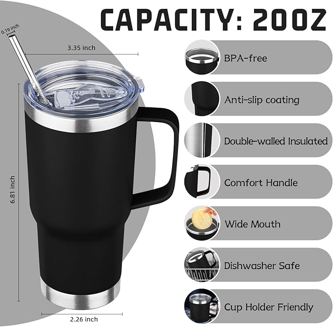 20 oz Tumbler with Handle Stainless Steel Insulated Coffee Mug Tumbler with Lid and Straw Double Wall Vacuum Insulated Coffee Mug Leak Proof Travel Mug Tumbler for Hot and Cold Drink (Black,1pack)