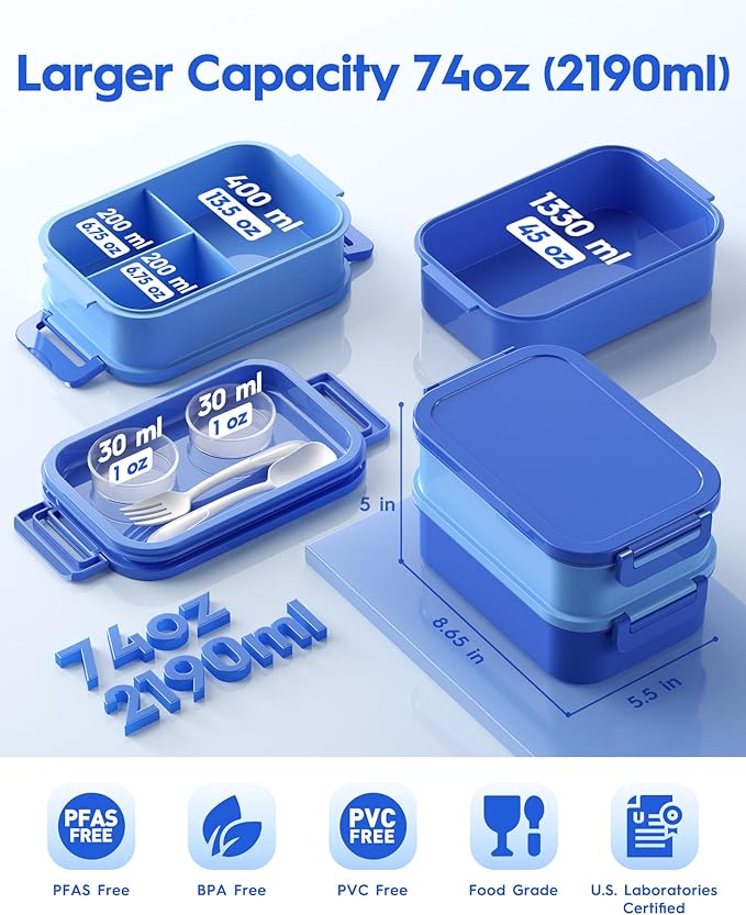 Adults Bento Box with Insulated Lunch Bag, 74oz Capacity 3 Stackable Leak-Proof Bento Box Built-In Utensil and Sauce, PFAS & BPA-Free, Microwave & Dishwasher Safe (Ocean Blue)