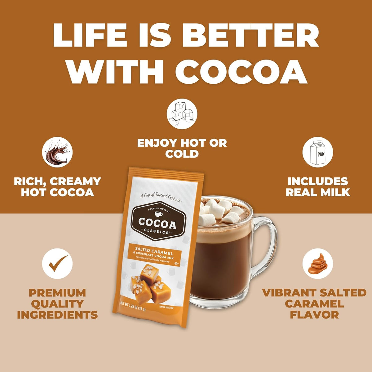 Cocoa Classics Salted Caramel Cocoa Mix, Hot Chocolate, Made with Nonfat Milk, Just Add Hot Water, Make Hot or Iced Cocoa, Gluten Free & Kosher Dairy Friendly, 1.25oz Packets (Pack of 36)