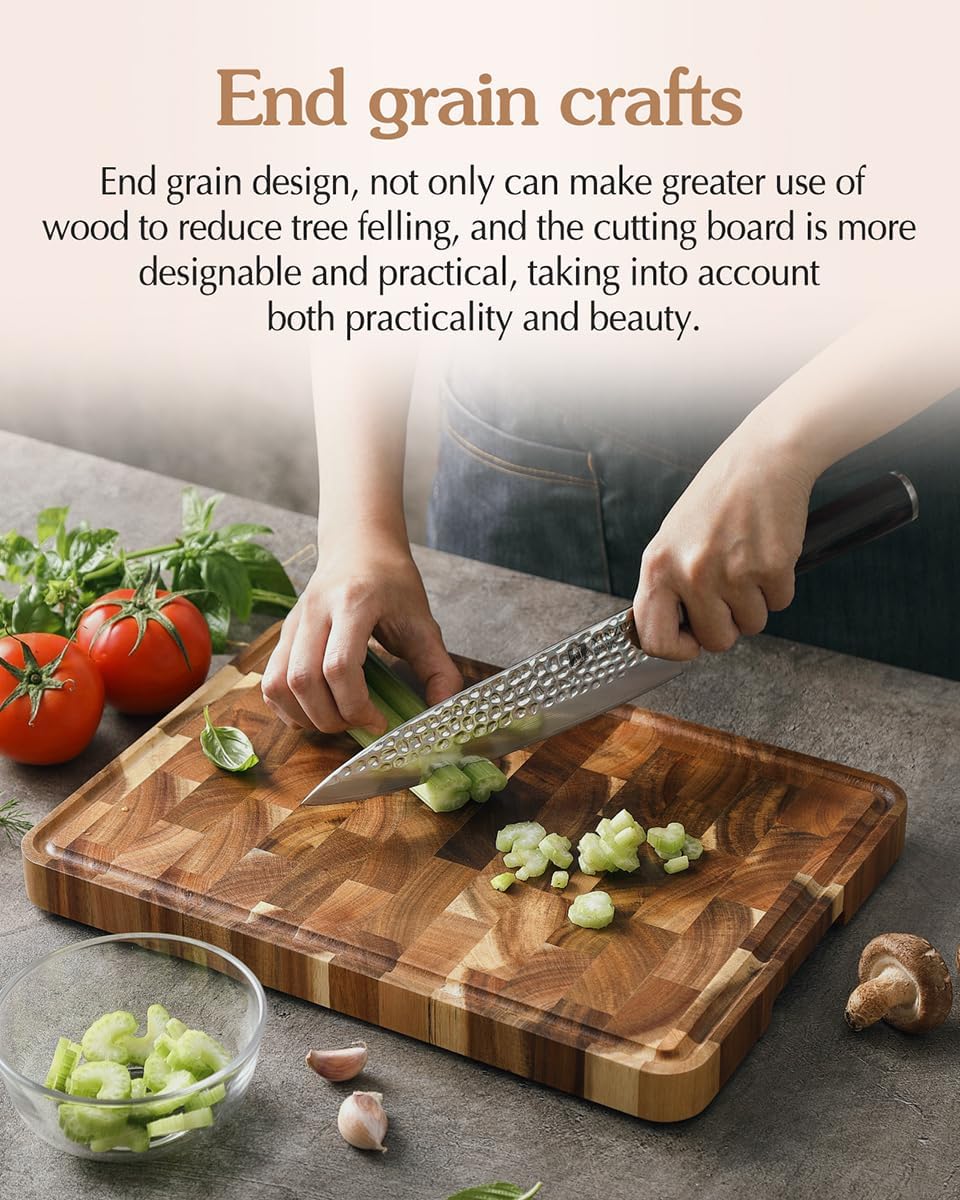XINZUO Acacia Wood End Grain Cutting Board (13.8''L x 9.8''W x 1''T)-Wooden Chopping Board with Non-Slip Feet, Side Handles and Juice Groove