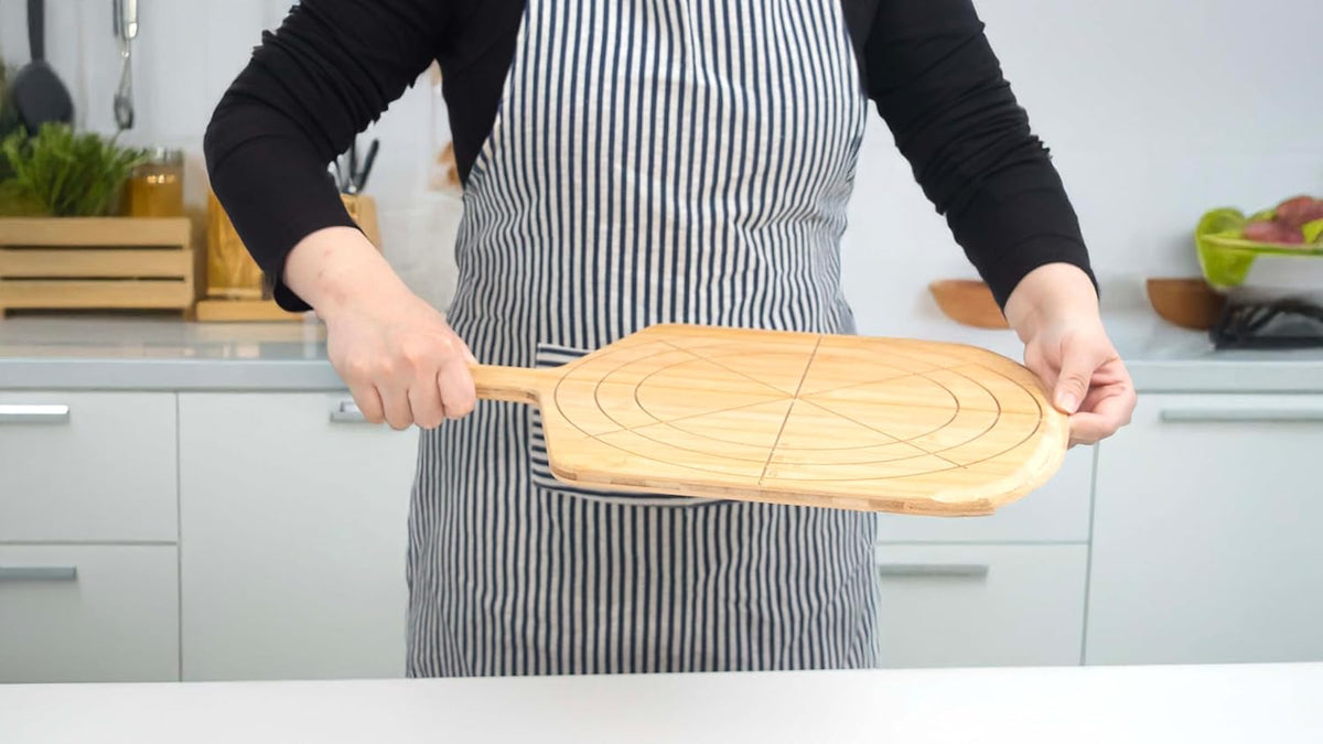 Loftern Wooden Pizza Peel 12 Inch Board with Engraved Sizes - Multi-Purpose Bamboo Pizza Cutting Board, Wood Pizza Peel, Pizza Spatula Paddle, and Serving Board with Size and Cutting Guide