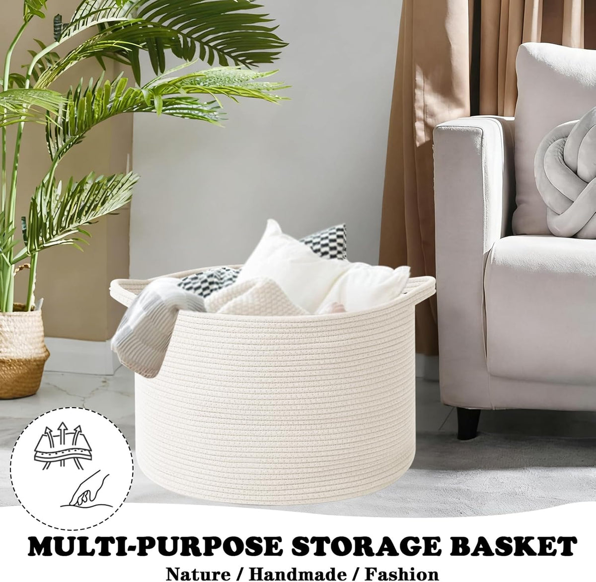 Large Blanket Basket for Organizing,115L Closet Organizers and Storage Bins Box for Shelves Woven Rope Storage Baskets,Living Room,Bedroom,Dorm,Laundry room (White)