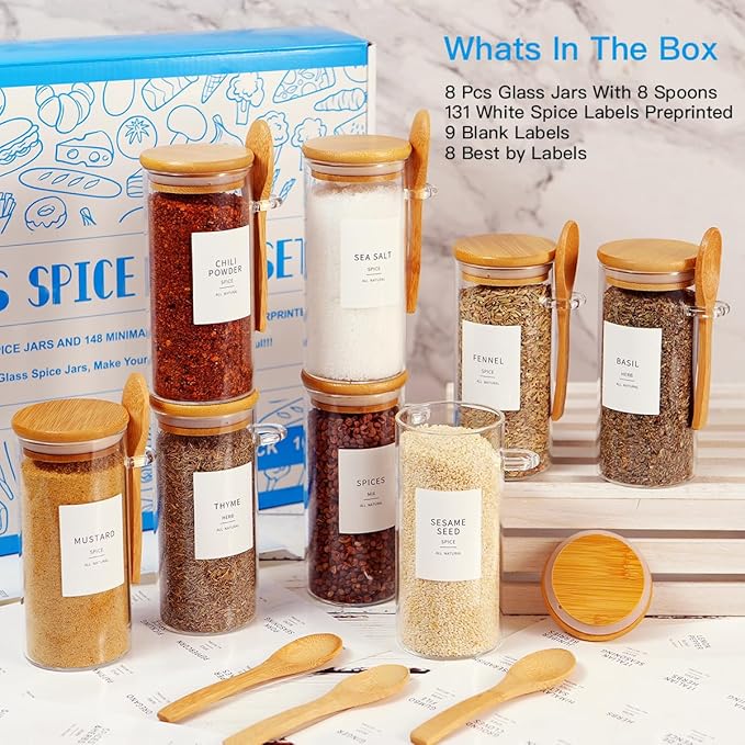 8 Pcs Glass Containers with Bamboo Lids and Spoons - 10 oz Sugar Container with 148 Kitchen Pantry Spice Jar Labels Preprinted - Glass Spice Jars with Wooden Lids Hold Coffee, Tea, Candy, Herbs