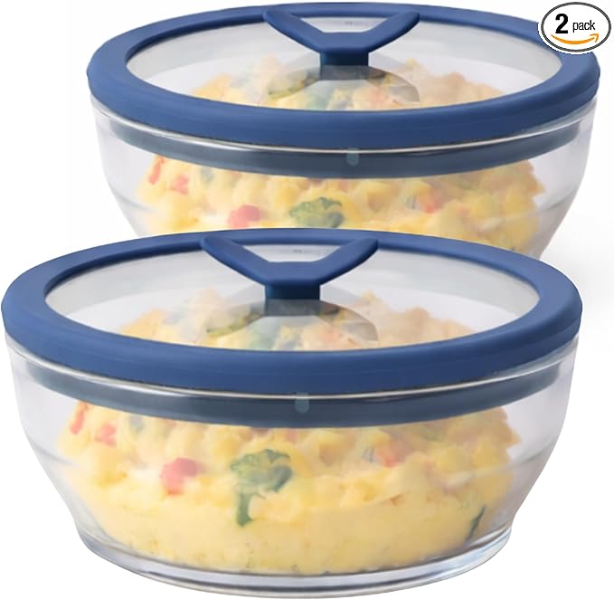 Anyday 2-Pack (2-Cup) Glass Microwave Egg Cooker - BPA Free & Plastic Free Microwave Egg Poacher - Meal Prep & Cookware | Stackable Nontoxic Storage Container with Vented Lid (Clear - Blueberry)