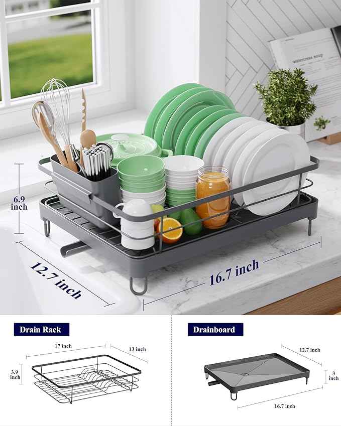 Kitsure Dish Drying Rack for Kitchen Counter, Stainless Steel Sink Organization and Storage Essentials with Cutlery Holder, Home and Appartment Decor, 12.7''W x 16.7''L, Grey