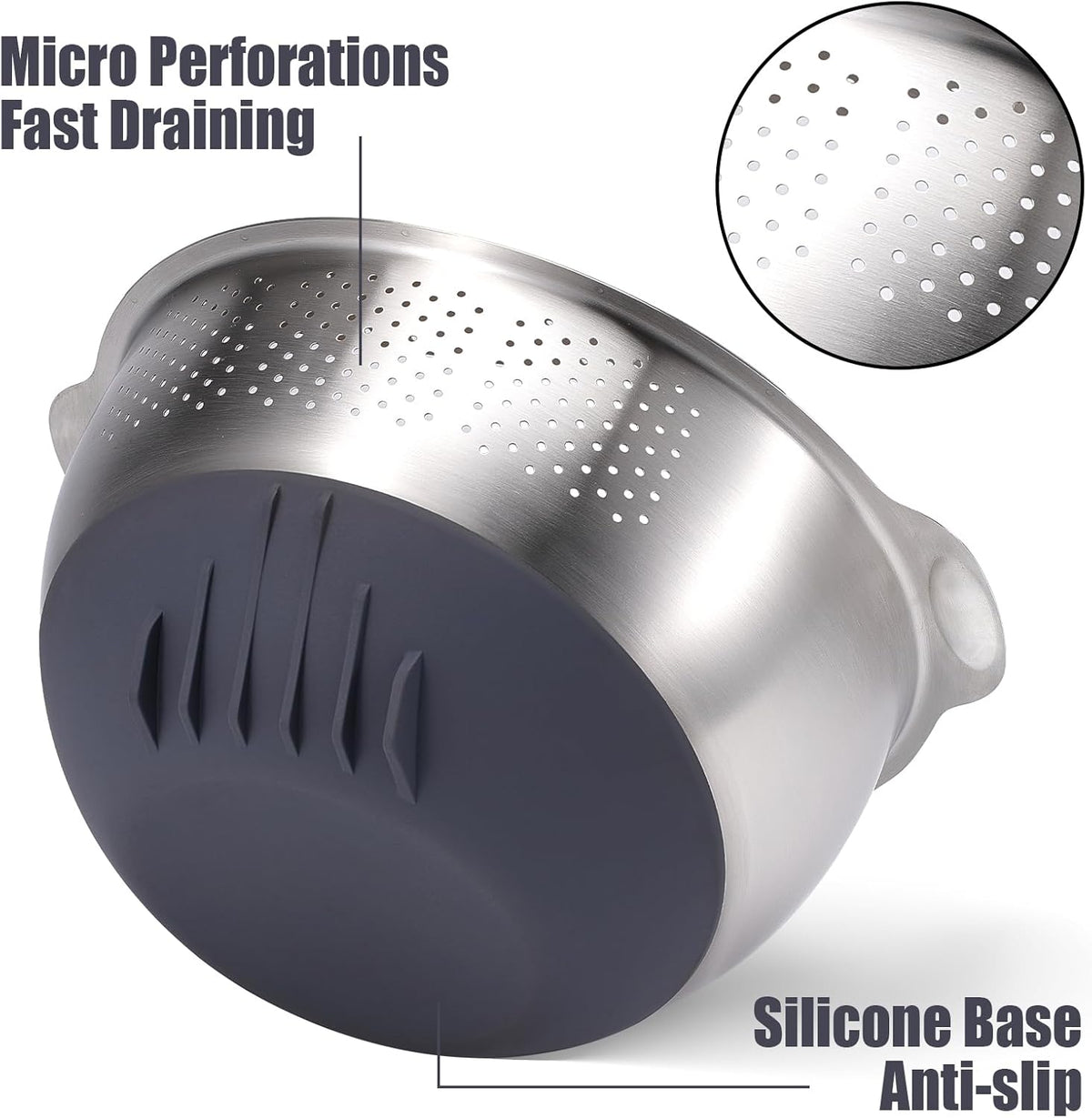 18/10 Stainless Steel Rice Strainer Washer Bowl Versatile Good Grips Colander Tiltable Side Drainers for Washing Cleaning Rinsing Fruits, Vegetables, and Beans - Non-slip Silicone Bottom