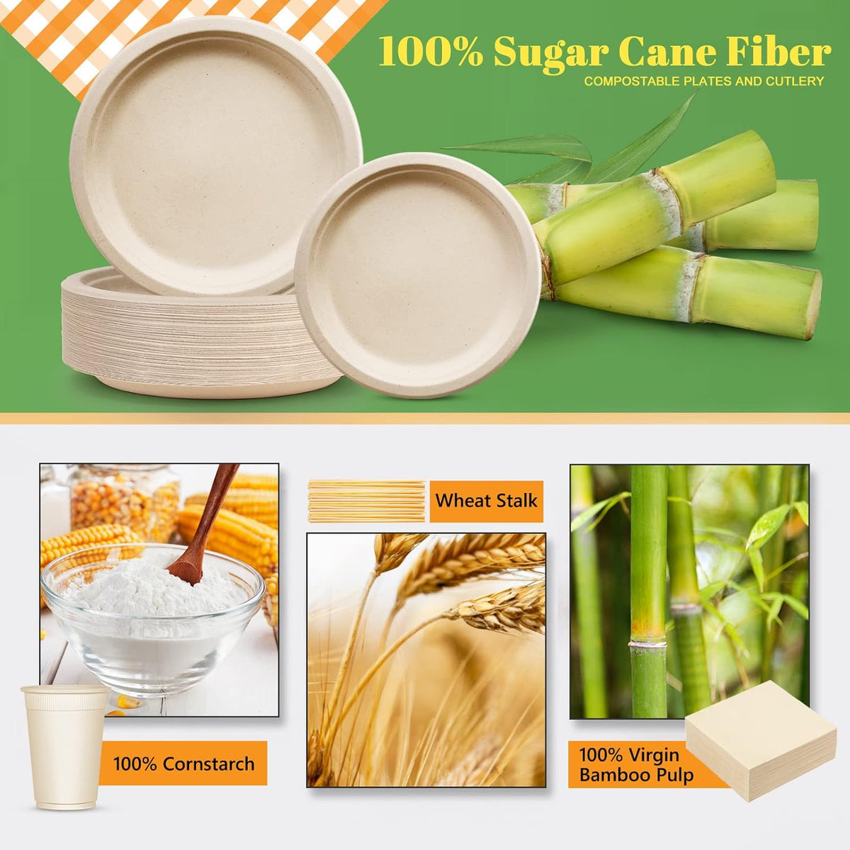 Gezond Compostable Paper Plates Set 250pcs Disposable Sugarcane Plates Utensils Eco-Friendly Plate, Cutlery, Napkins, Straws and Cups for Party 25 People