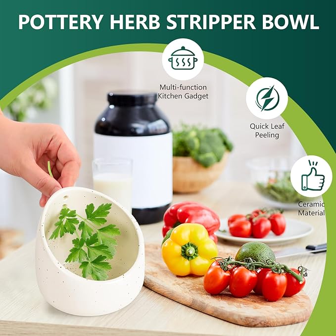Pottery Herb Stripper Bowl, Handmade Ceramic Herb Peeling Bowl, for Separating Leaves and Stems (White)