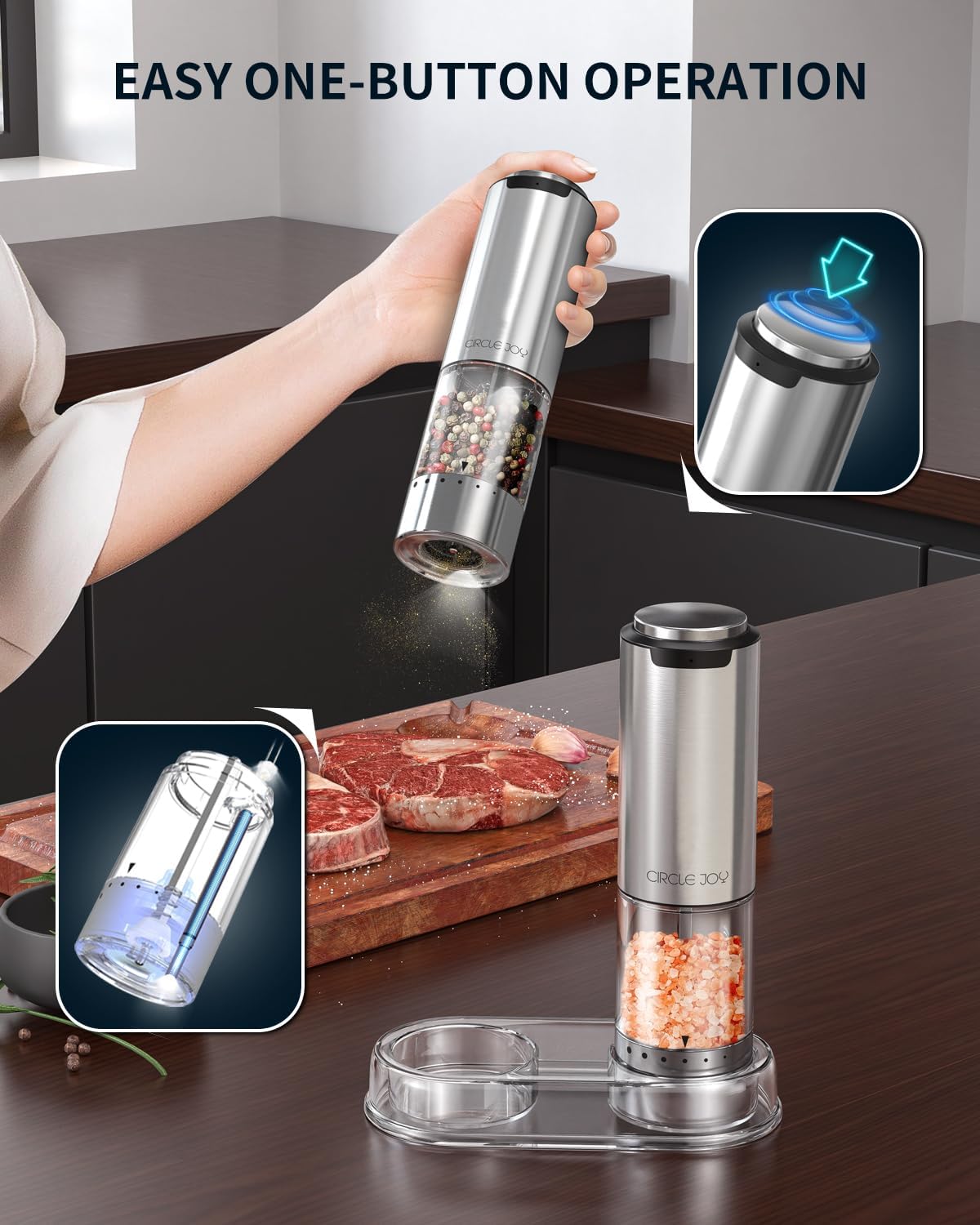 CIRCLE JOY Rechargeable Electric Salt and Pepper Grinder Set with Base, Stainless Steel Pepper Mills with 95ml Container, White LED Light and External Adjustable Coarseness, Silver