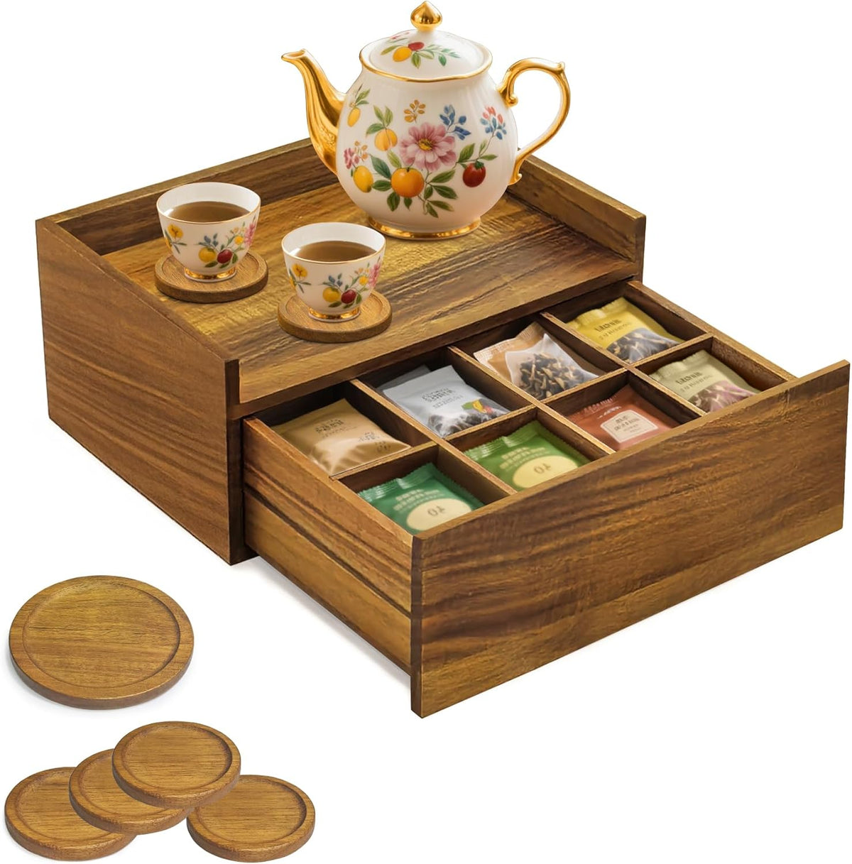 Idefair Acacia Woode Tea Box Organizer Storage Box with 5 Wooden Coasters, Tea Bags Organizer Chest Storage with Drawer, Tea Bag Box for Coffee Teabgs Countertop Display