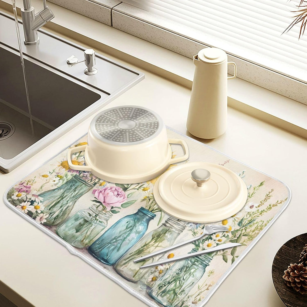Spring Summer Floral Jars Flowers Dish Drying Mat for Kitchen Counter Absorbent Microfiber Large Drying Pad Dish mats for Kitchen Countertops 18 x 24 Inch