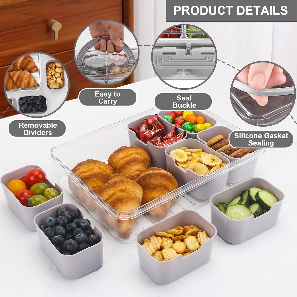 shopwithgreen 2Pcs Snackle Box Container, Divided Serving Tray with Lid and Handle, Snack Box Container Food Platter Charcuterie for Party, Veggies, Snack, Fruit, Nuts, Entertaining, Picnic,Gray