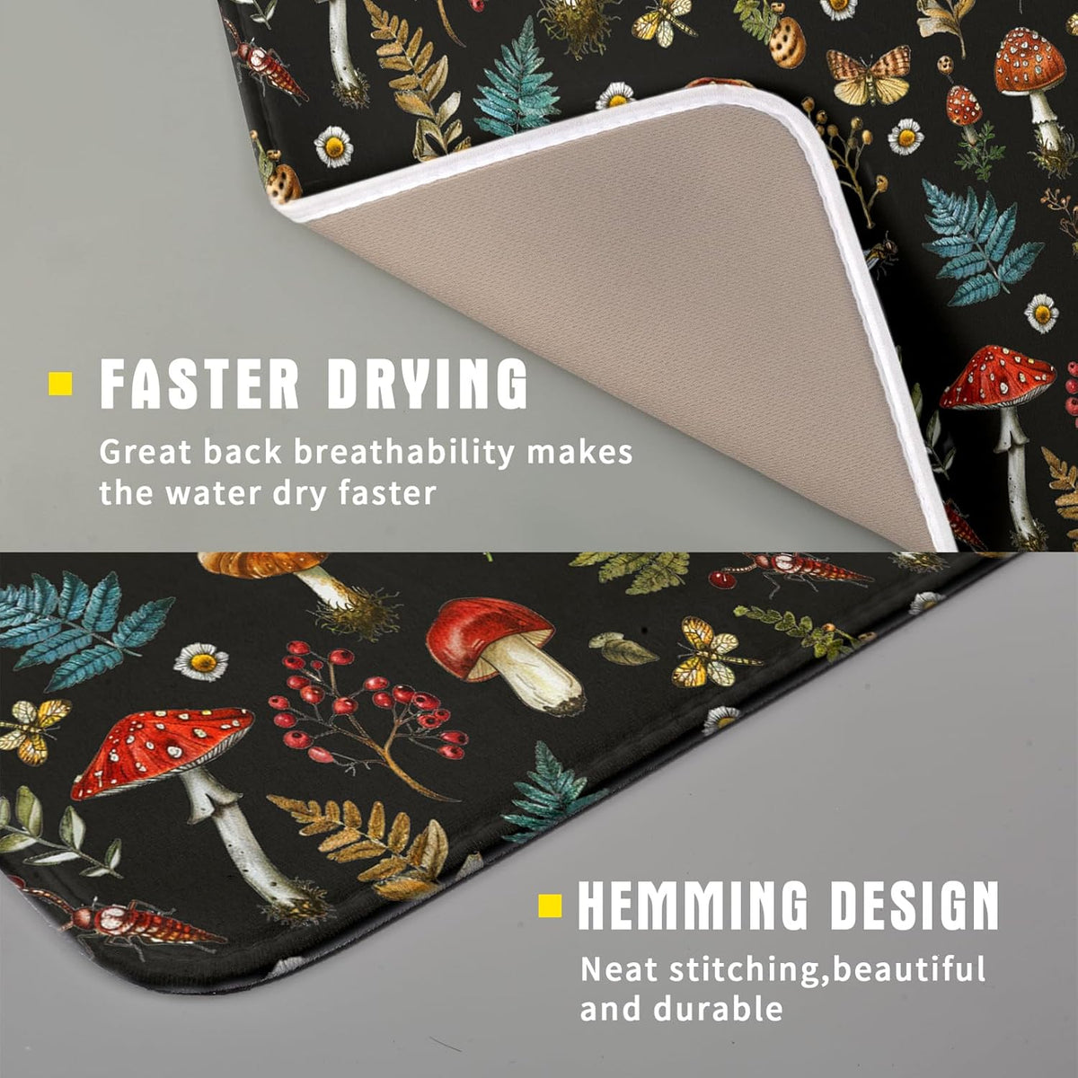 Mushroom Forest Dish Drying Mat Fern Leaves Black Drainer Mat for Kitchen Countertop 16 X 18 Inch
