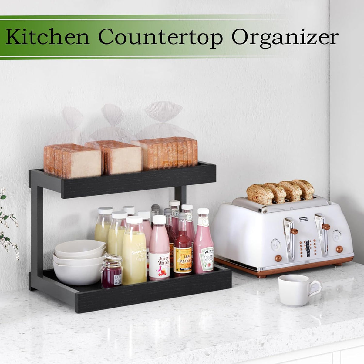 MARTY 2 Tier Spice Rack Organizer for Countertop, 15.8''L Coffee Station/Bathroom Organizer Countertop, Counter Shelf Desktop Storage Organizer for Kitchen, Bedroom, Office (Black)