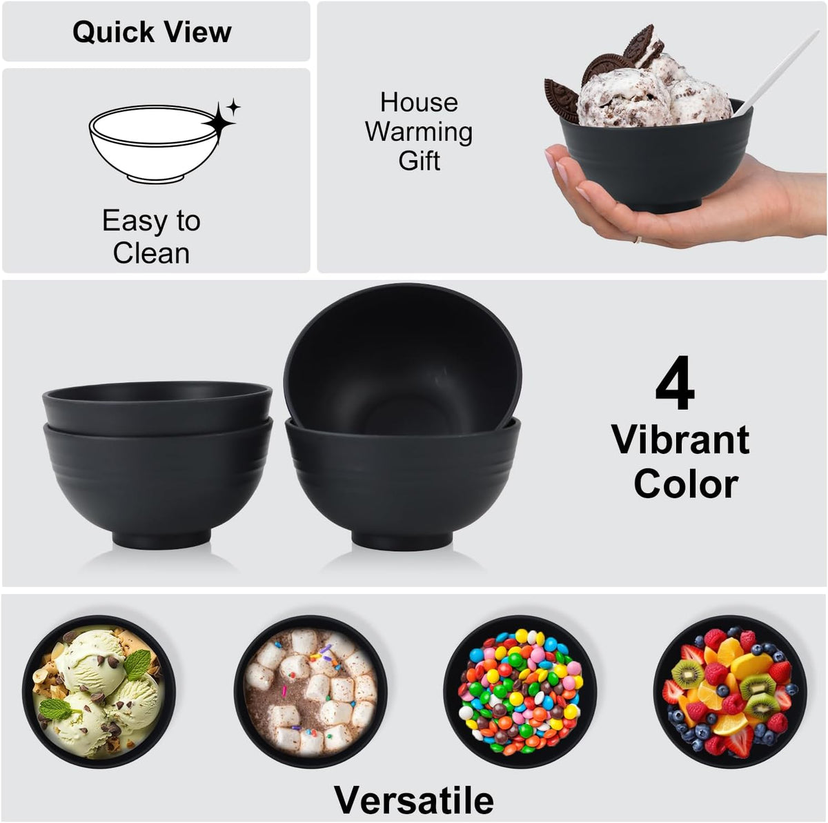 wheat straw snack bowls 10oz set of 8 - Unbreakable Dessert Bowls for kids - Mini Bowls for Ice Cream,Snack and Fruits - Microwave & Dishwasher Safe Appetizer Bowl Sets - Black