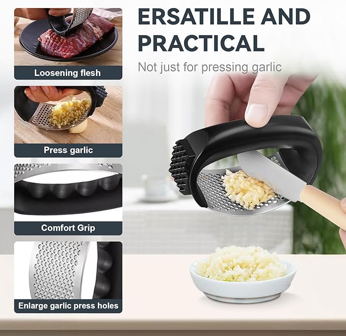 2 Pack Garlic Press Rocker Set – Innovative Stainless Steel Garlic Mincer & Crusher with 2 Peelers, 2 Scrapers, and 2 Brushes for Effortless Garlic Prep | Complete Garlic Tool Kit (GREEN)