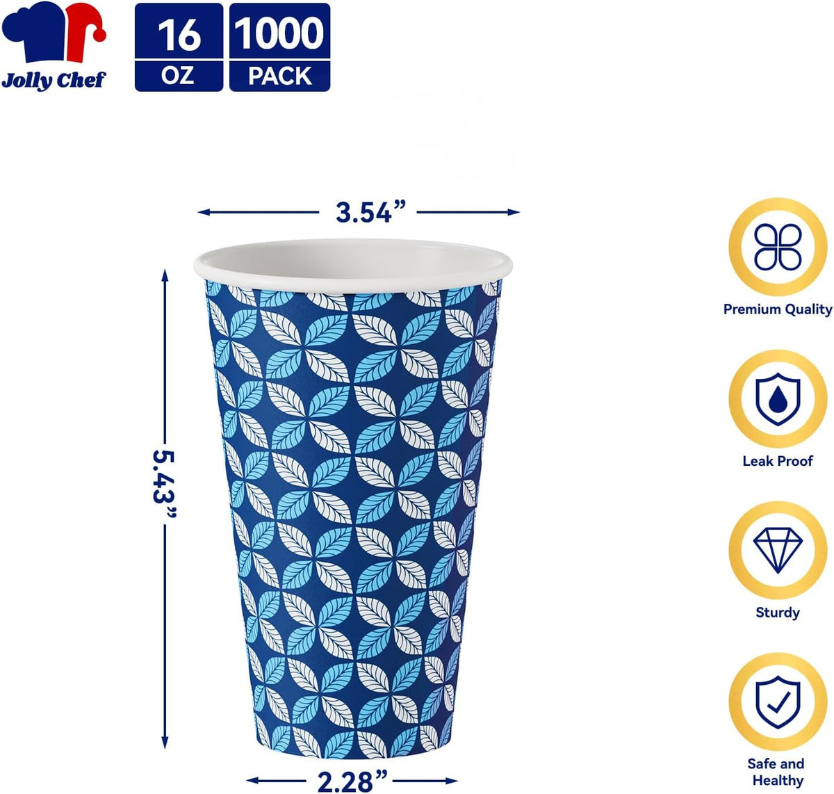 JOLLY CHEF 1000 Pack Paper Coffee Cups, 16 oz Disposable To Go Coffee Cups for Home, Office, Cafe, and Outdoor Activities