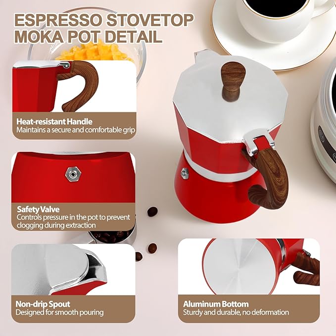 Aluminum 3 Cup 150ml Moka Pot Express Coffee Maker Stovetop Espresso Colorful Coffeemaker Italian Classic Style Brewing Greca Cafe Mocha Machine for Cafeteras Lover Camping Travel and Home Use 5oz