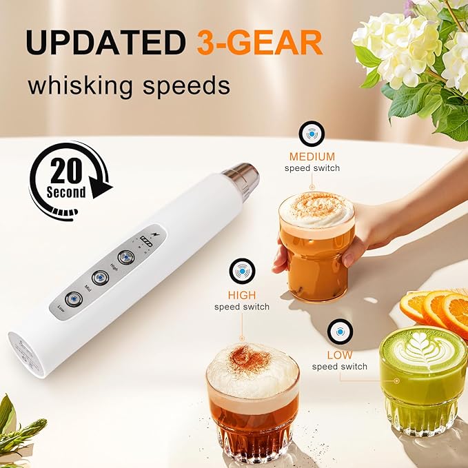 YUSWKO White Handheld Milk Frother Wand for Coffee, Rechargeable Electric Whisk with 3 Heads 3 Speeds Drink Mixer Coffee Frother For Latte, Cappuccino, Hot Chocolate, Egg