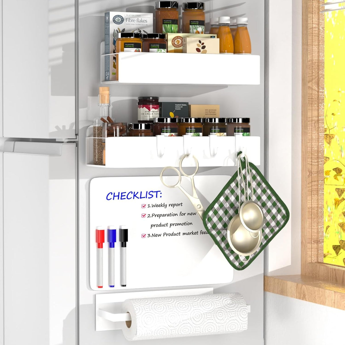 4 Pack Magnetic Spice Rack for Refrigerator,Metal Magnetic Shelf White with Paper Towel Holder,Whiteboard,3 Markers,4 Hooks,Space Saving for Home,Kitchen