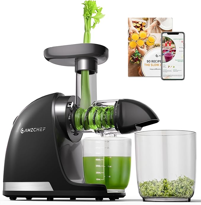 Juicer Machines - AMZCHEF Cold Press Masticating Juicer whole Fruit and Vegetable - Delicate Chew No Need to Filter - BPA Free Juice Extractor with 2 Cups and Brush- Ebony