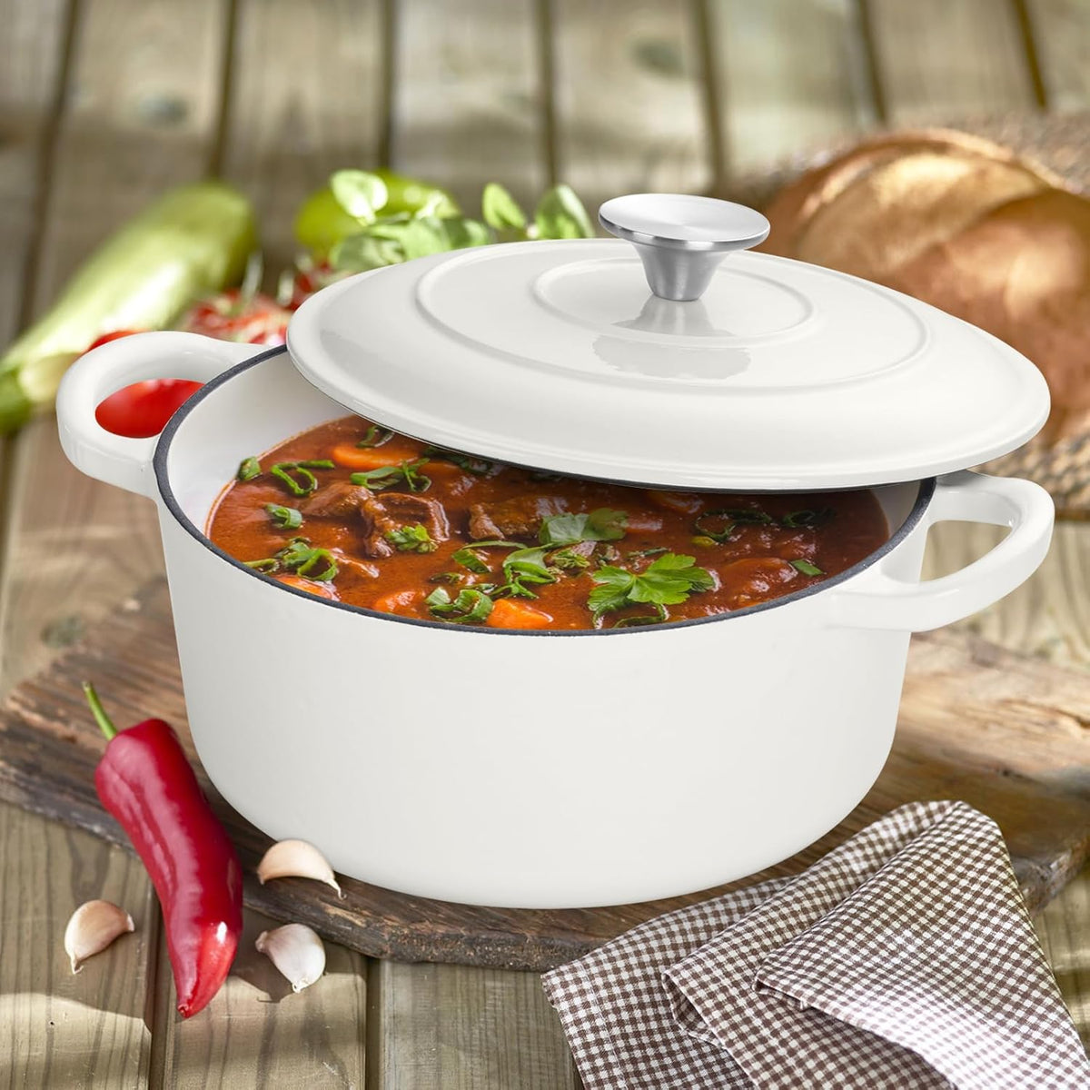 3 Qt Enameled Cast Iron Dutch Oven with Lid, E-far Small Round Nonstick Dutch Oven Pot for Bread Baking Braising Stews Roasting Cooking, Heavy Duty, Induction & Oven Safe - White