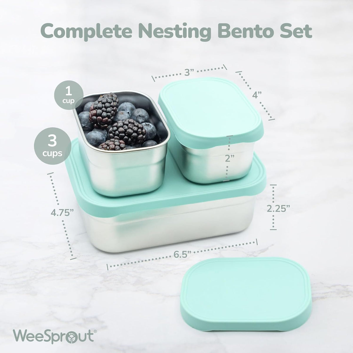 WeeSprout Stainless Steel Lunch Box Set - 750mL & 230mL Food Storage Nested Bento Boxes with Food Grade Silicone Lid - Leak Proof - Freezer Safe (Matte Green)