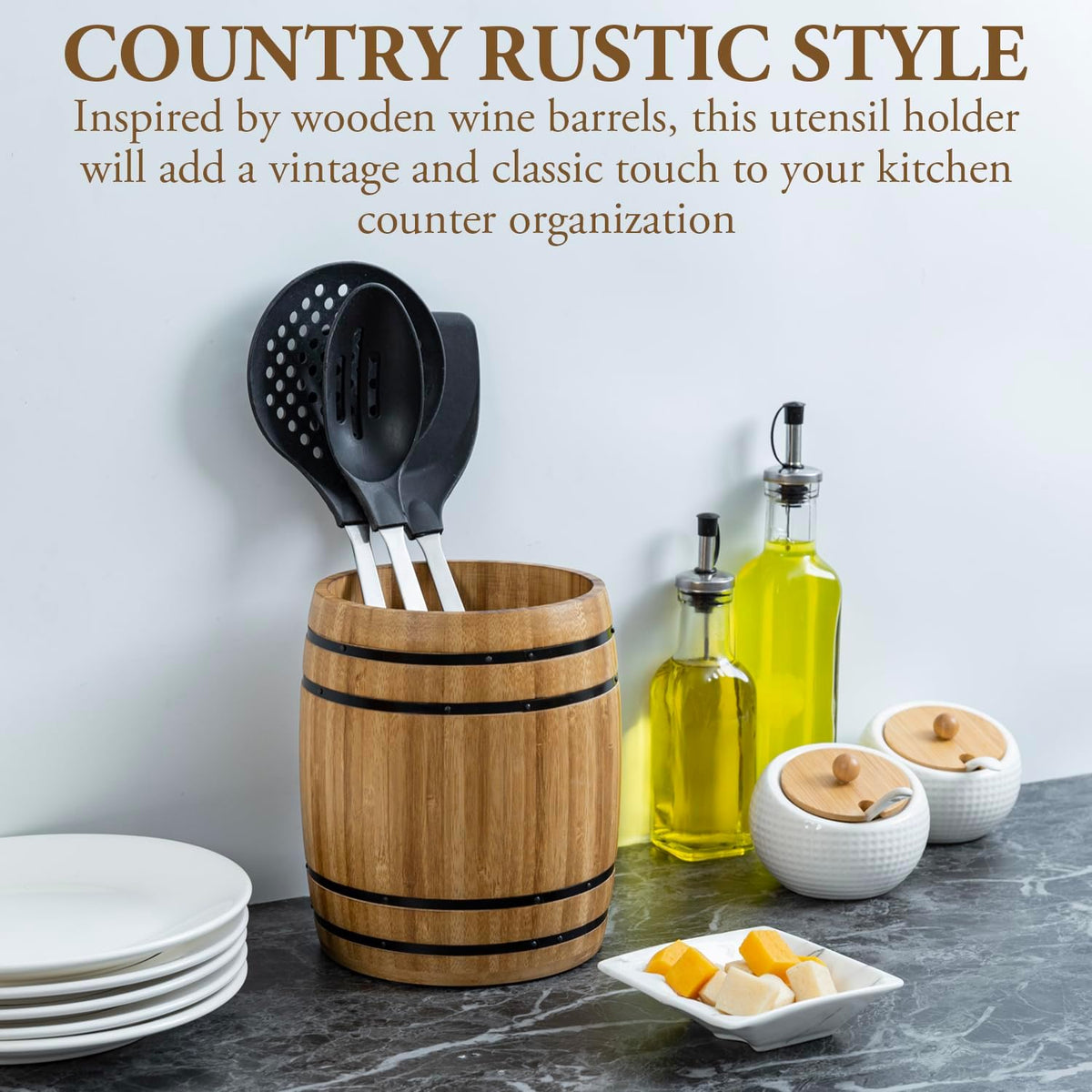 MyGift Wine Barrel Design Kitchen Utensil Crock, Light Brown Solid Bamboo Wood Cooking Tool Holder
