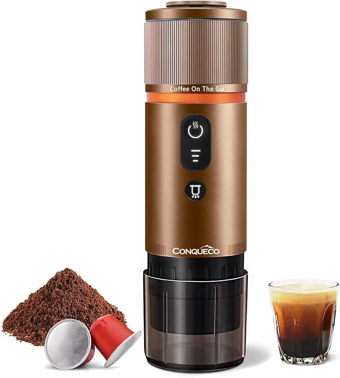 CONQUECO Portable Espresso Coffee Machine: 12V Electric Small Travel Expresso Maker - Self Heating 8 Cups Battery Powered Compatible for Nespresso Capsule - for Camping RV Hiking Office (Brown)