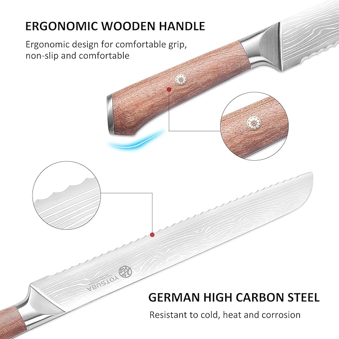 YOTSUBA 10" Bread Knife, Serrated Knife for Homemade, High Carbon Stainless Steel Serrated Bread Knives with Ergonomic Wood Handle, Professional Bread Cutting Knives for Homemade Bread with Gift Box